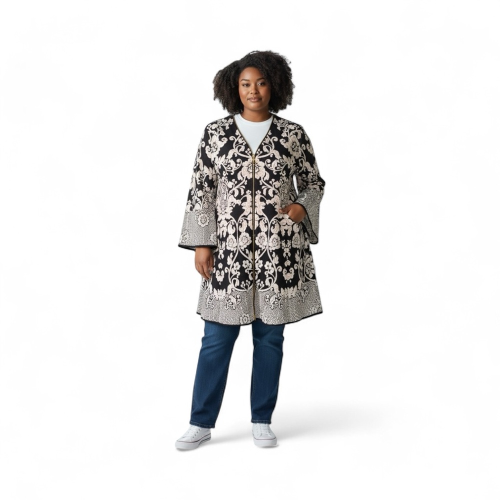 INC Womens Black and White Floral Zipper Front Coat Dress XL